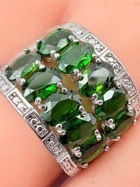 Marked DK Sterling Silver Double Row Diopside Green Iolite CZ Ring Sz 7.75